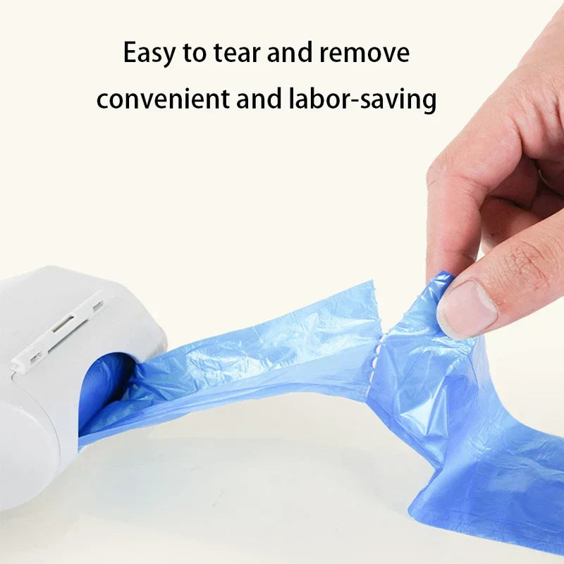Hand tears blue plastic bag from a poop scooper, with text about easy tear convenience