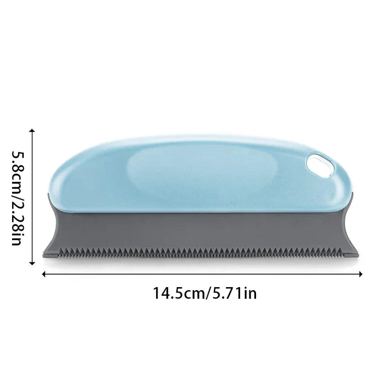 Light blue and gray dog grooming comb with dimensions 14.5cm long and 5.8cm tall, with a hanging hole on the handle