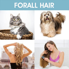 Collage of long-haired cat, fluffy dog, and two women with long hair, with text FORALL HAIR to show dog grooming comb works for all hair types