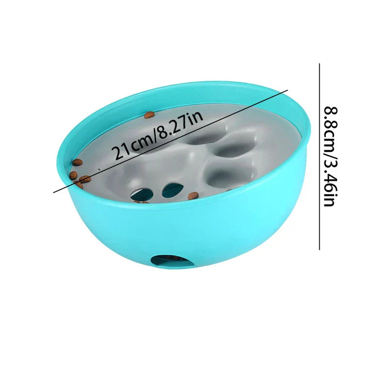 Teal and gray bowl slow feeder with kibble, 21cm diameter and 8.8cm height marked.