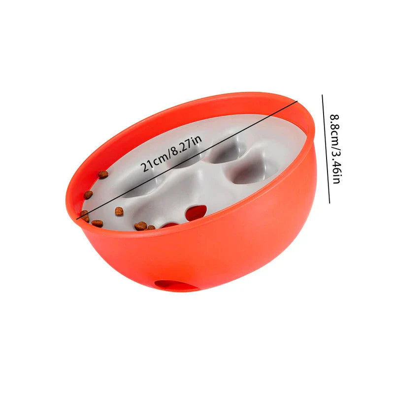Orange and gray bowl slow feeder with kibble, 21cm diameter and 8.8cm height marked.