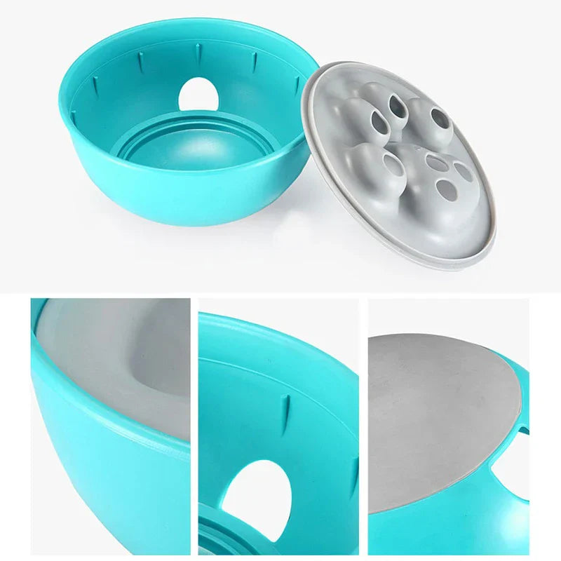 Teal and gray bowl slow feeder shown disassembled, with closeup detail shots of its parts
