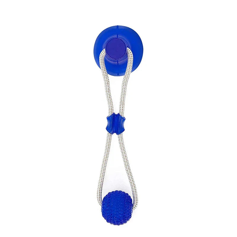 Blue suction cup dog chew ball with braided ropes and a rubber slider on white background.