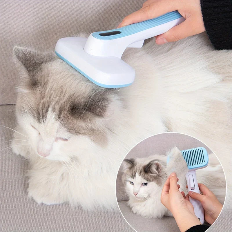 Blue and white deshedding brush being used on a fluffy gray and white cat, with circular inset of the brush removing fur
