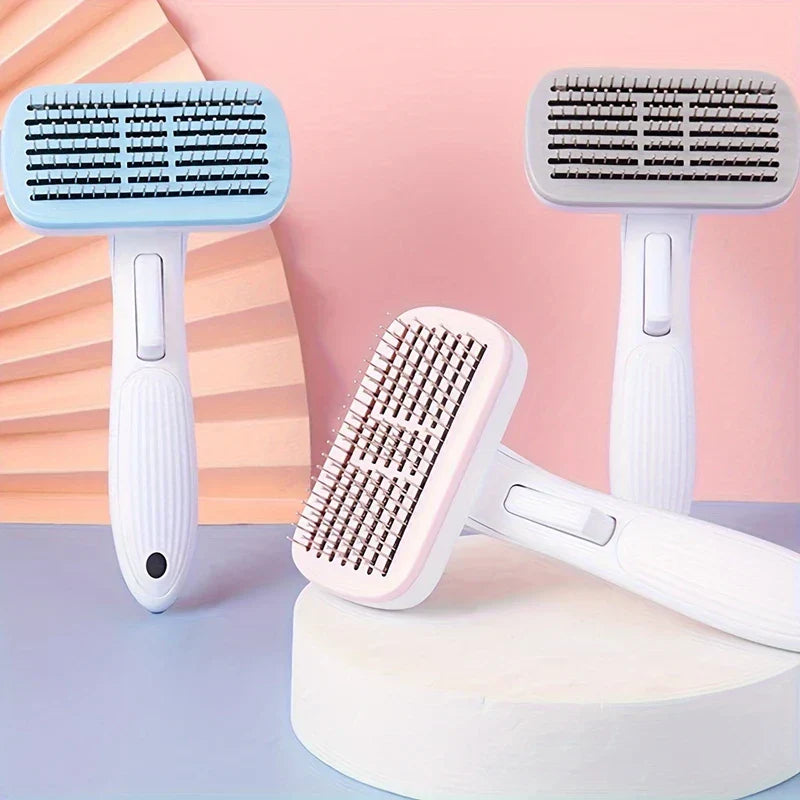 Deshedding Brush - Three deshedding brushes in blue, pink, and gray stand upright against a pink and purple backdrop.