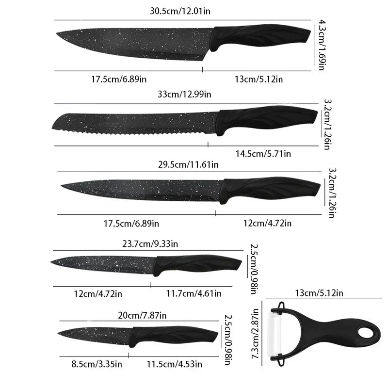 Size diagram of a black speckled kitchen utensil set with 5 knives and a peeler, labeled with cm and inch measurements.