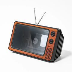 Retro wood-finish phone screen magnifier with vintage TV styling, antenna, and control knobs