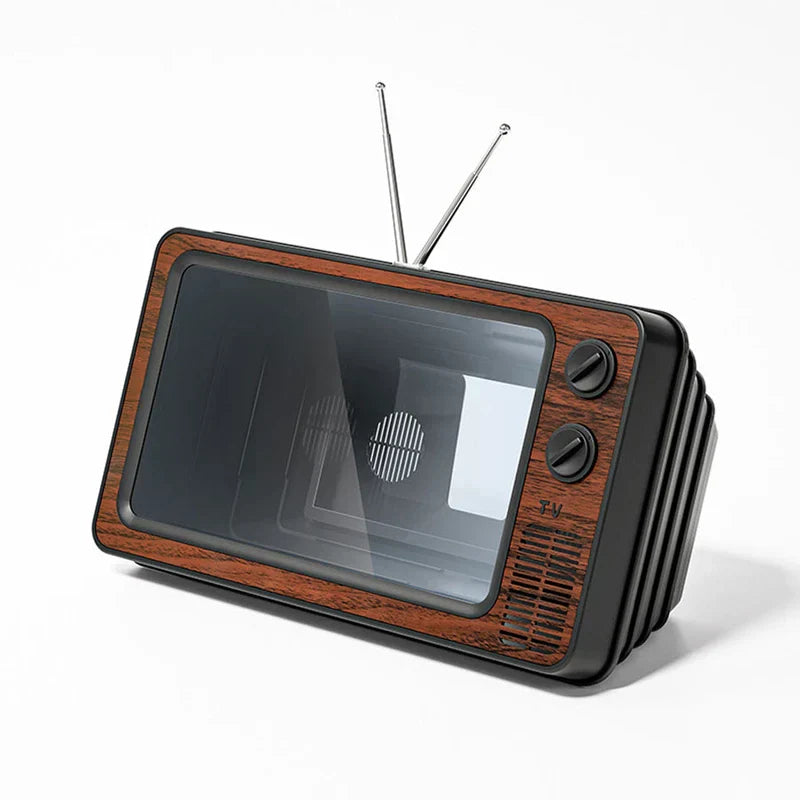 Dark wood-grain retro phone screen magnifier designed like a classic television with dual antennas