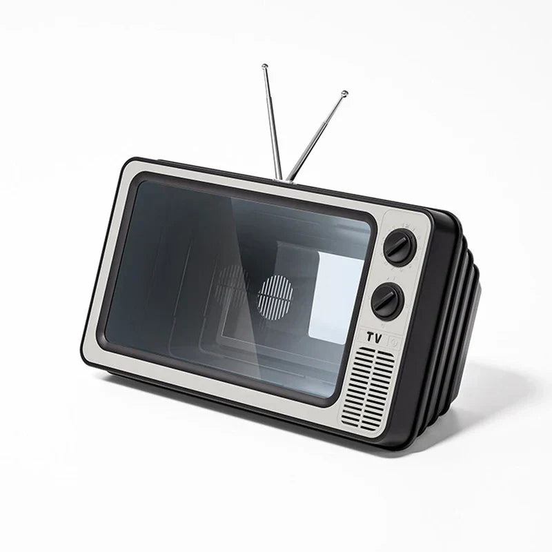 Retro TV-styled phone screen magnifier with dual antennas, control knobs, and speaker grille on white background