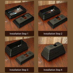 Step-by-step assembly process of a retro phone screen magnifier shown across four installation stages