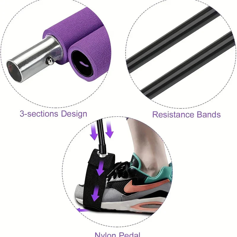 Closeup views of 3-section design, resistance bands, and nylon pedal of a workout foot strap set