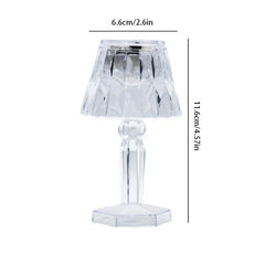 Clear faceted mini lamp-shaped led candle with height 11.6cm and width 6.6cm dimension labels on white background