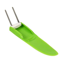 Green plastic melon slicer with two metal prongs on a white background