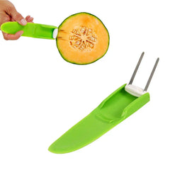Hand holding a green plastic melon slicer next to a halved melon