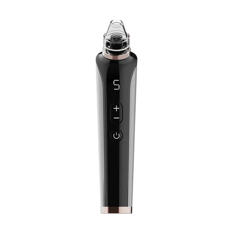 Front view of a black handheld pore cleanser tool with display, power, plus and minus buttons, and clear tip with rose gold accent.