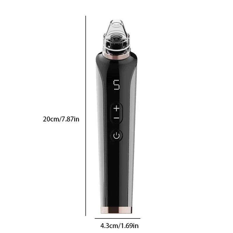 Front view of a black pore cleanser tool, with labeled height 20cm and width 4.3cm