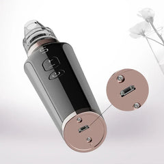 Angled view of a pore cleanser tool showing its rose gold base with USB charging port and two small screws.