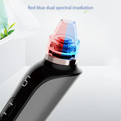 Close-up of a pore cleanser tool head with red and blue dual light, plus control buttons on the device body
