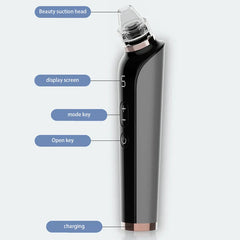 Annotated side view of a pore cleanser tool, labeling suction head, display, mode key, power key, and charging port