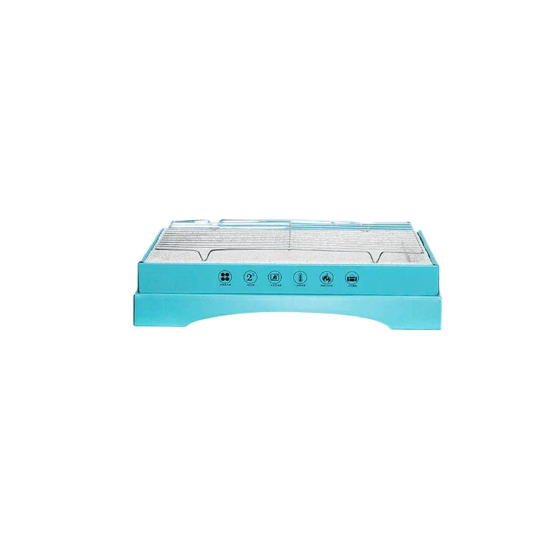 Teal rectangular disposable grill unit with a grill grate on top and six circular icon labels on the front