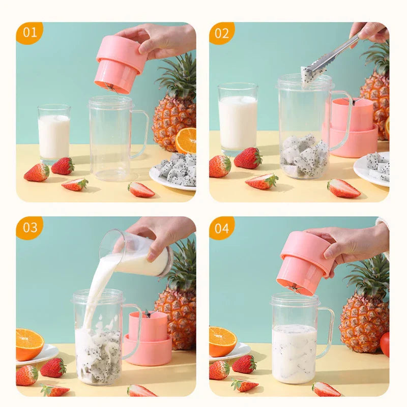 Four-step demonstration of using a pink juicer cup to blend diced dragon fruit and milk, with strawberries, pineapple, and orange on a table.
