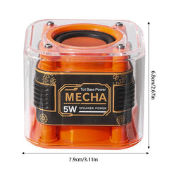 Orange 5W MECHA portable bluetooth speaker in clear casing, showing 7.9cm width and 6.8cm height dimensions.