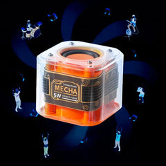 Clear and orange portable bluetooth speaker with MECHA 5W label, surrounded by small illustrated figures and music notes on a dark blue background.