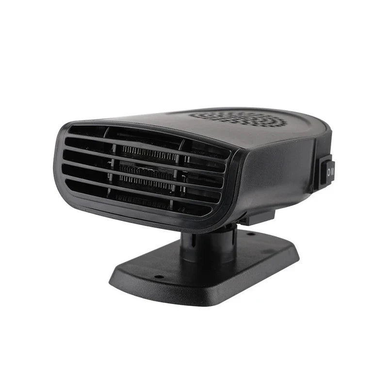 Black portable car heater defroster fan shown on a white background, with front grille and side switch visible
