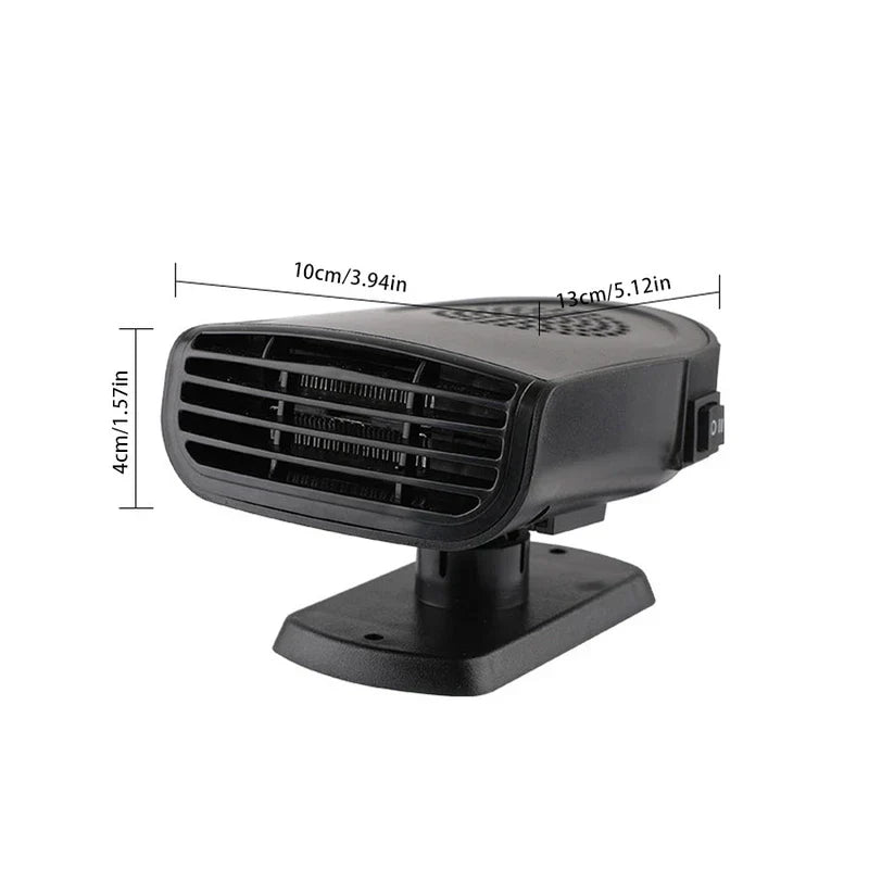Dimension-labeled black portable car heater defroster fan with base, size 10cm/3.94in, 13cm/5.12in, 4cm/1.57in marked on white background