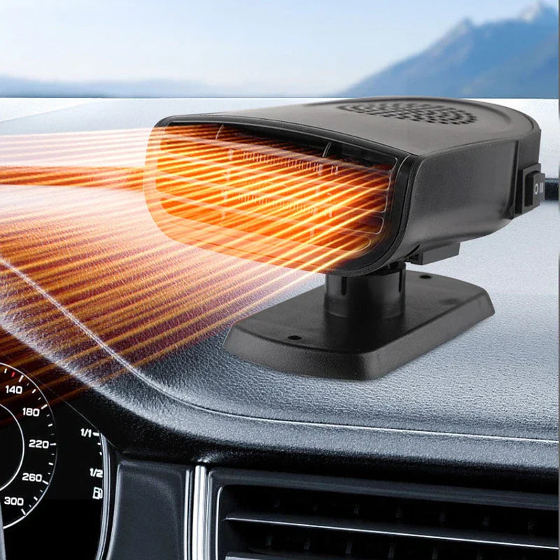Black portable car heater defroster fan mounted on car dashboard, emitting orange hot air streaks, with car speedometer visible at lower left