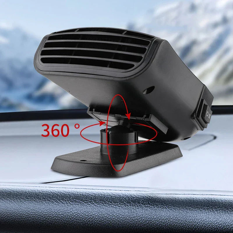 Black portable car heater defroster fan on car dashboard, with red 360° rotation mark indicating base swivel function, snowy mountains in background