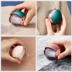 Lint Remover Roller - Four-panel grid showing teal and pink spherical lint remover rollers being used on fabric, carpet, and crumb-covered surfaces
