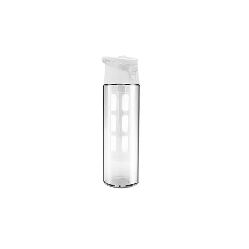 Clear portable cold brew coffee maker with white lid and white internal filter basket, shown empty against plain white background