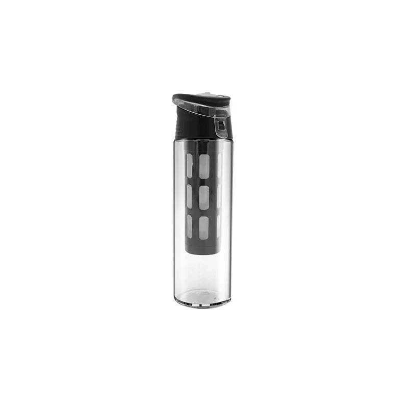 Clear portable cold brew coffee maker with black lid and black internal filter basket, shown empty against plain white background