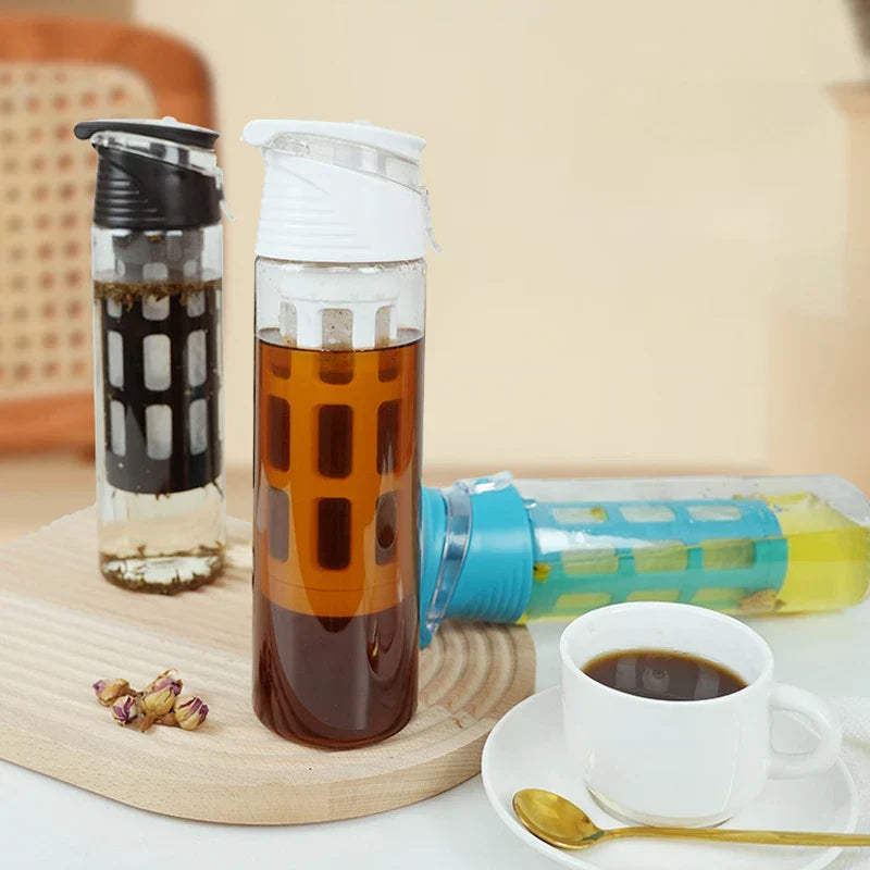 Portable cold brew coffee maker tumbler in a travel setting