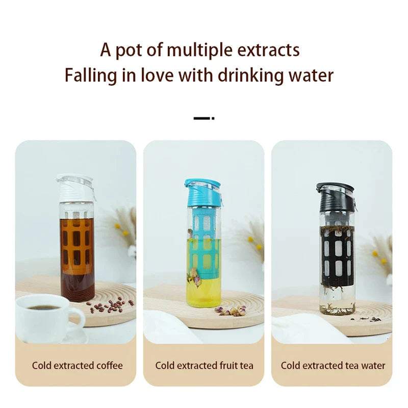Three portable cold brew coffee maker units shown: for cold extracted coffee, fruit tea, and tea water