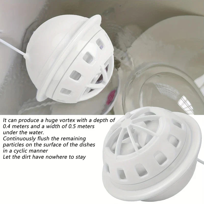 Mini dishwasher floating over a sink of dishes with text describing its vortex flushing function