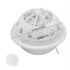 Mini dishwasher with size measurements and a small apple-shaped accessory on a plain background