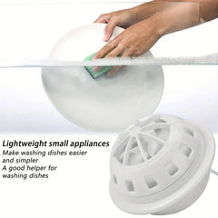 Hand washing a plate with a sponge, with the white mini dishwasher and text stating it makes dishwashing easier shown nearby