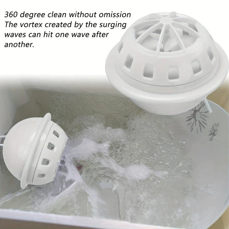 Two white mini dishwasher devices, one submerged in bubbly sink water, one displayed above, with text about 360 degree cleaning