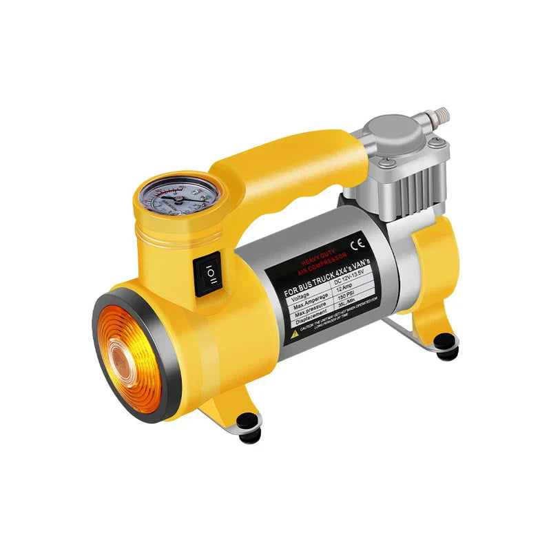 Yellow and silver portable electric air pump with pressure gauge, power switch, and handle on white background