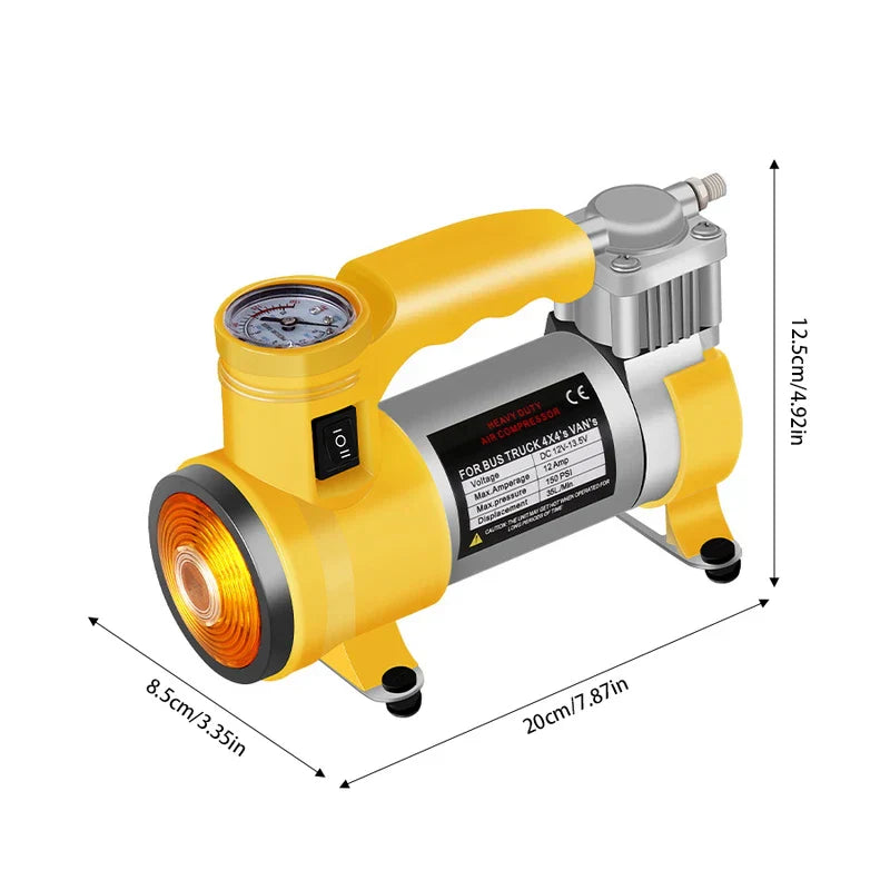 Dimentioned view of a yellow electric air pump with built-in pressure gauge and handle, on white background