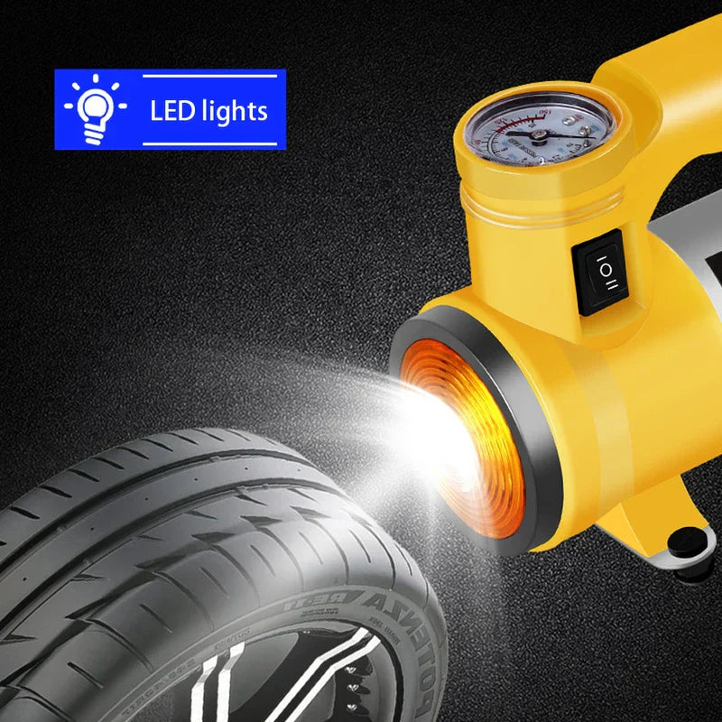 gelbe elektrische luftpumpe mit manometer, LED-leuchte und schalter neben einem autoreifen, mit etikett 'LED-leuchten'