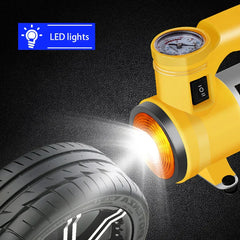 gelbe elektrische luftpumpe mit manometer, LED-leuchte und schalter neben einem autoreifen, mit etikett 'LED-leuchten'