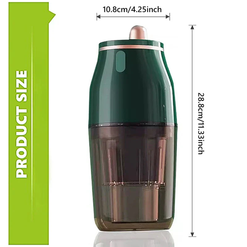 Dark green electric bottle blender with size labels: 10.8cm wide, 28.8cm tall, shown on a white background