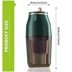 Dark green electric bottle blender with size labels: 10.8cm wide, 28.8cm tall, shown on a white background