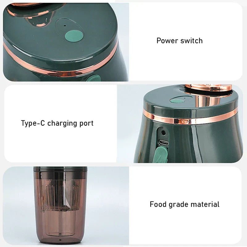 Close-up details of an electric bottle blender: power switch, Type-C charging port, and food-grade translucent cup