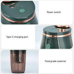 Close-up details of an electric bottle blender: power switch, Type-C charging port, and food-grade translucent cup