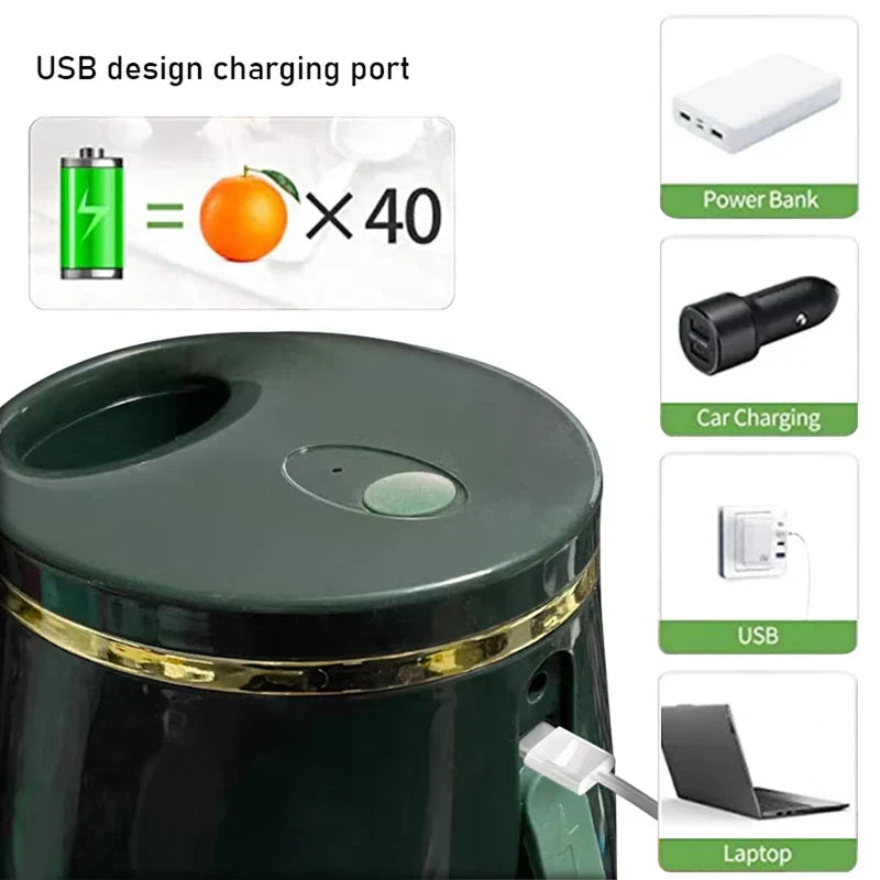 الجزء العلوي من خلاط زجاجة كهربائي مزود بشحن USB، يوضح خيارات الشحن عبر بنك الطاقة والسيارة والمقبس الجداري والكمبيوتر المحمول