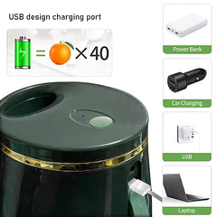 الجزء العلوي من خلاط زجاجة كهربائي مزود بشحن USB، يوضح خيارات الشحن عبر بنك الطاقة والسيارة والمقبس الجداري والكمبيوتر المحمول